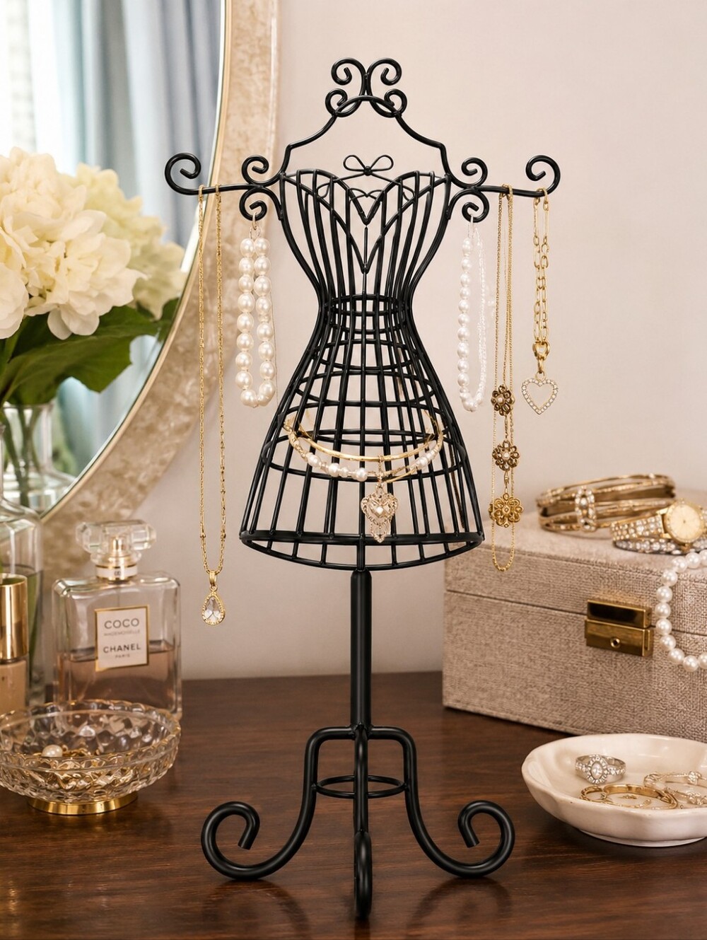 Black Dress Form Jewelry Stand Organizer - Decorative Jewelry Holder